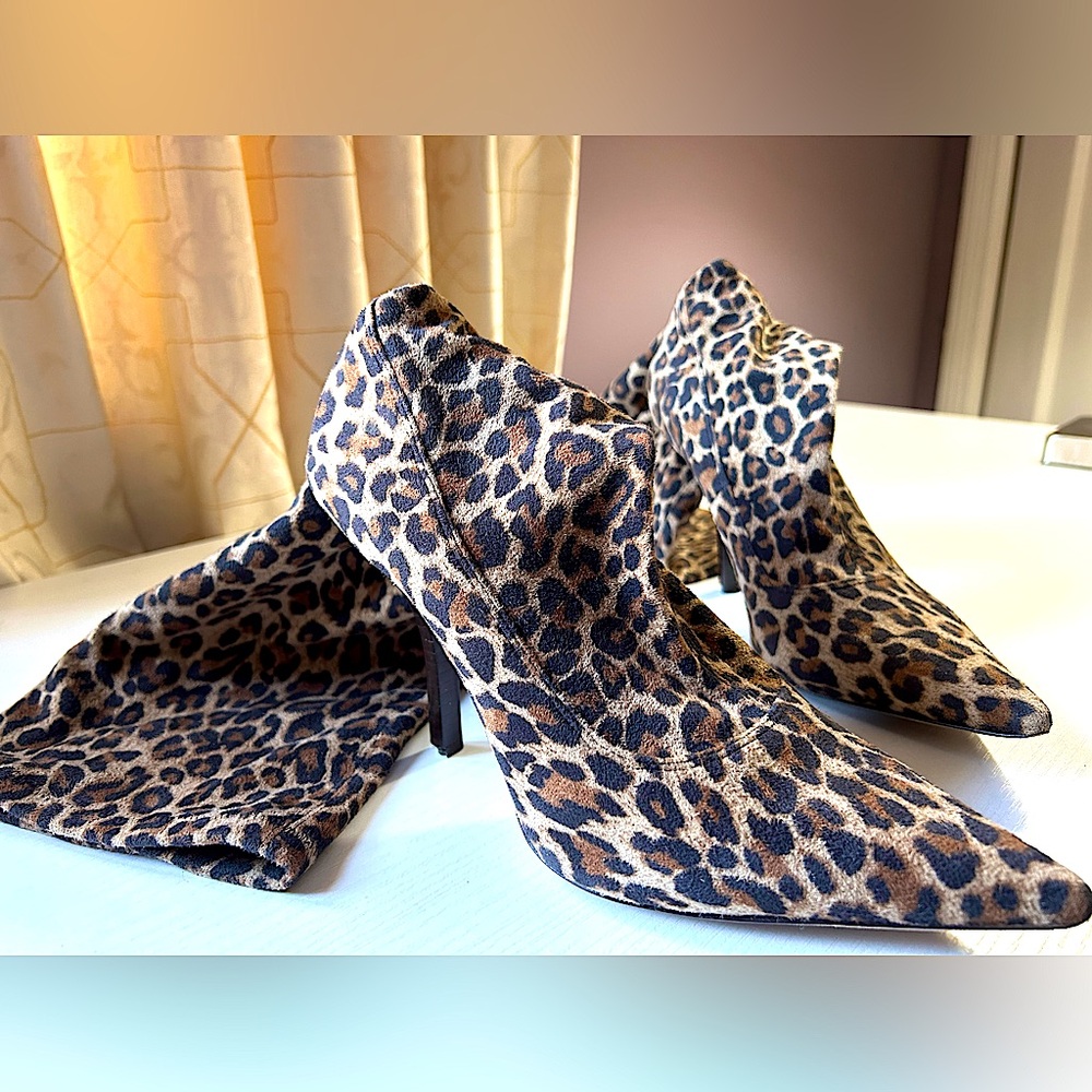 Women’s Martinez Valero stiletto tall boots brown black animal print fabric s7.5